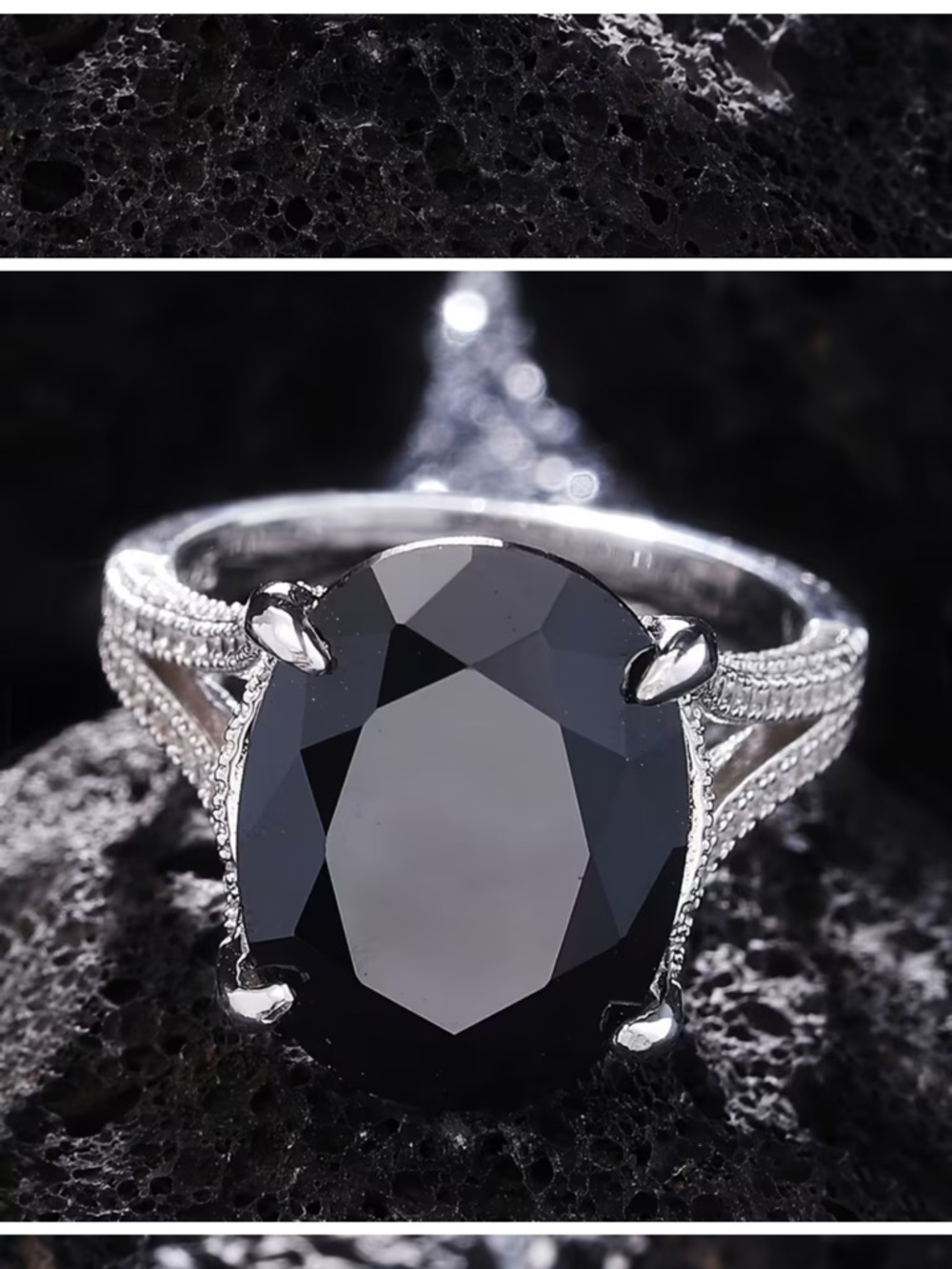 Stunning Sterling Silver Ring with Large Black Mossinitte Oval Stone!!🖤